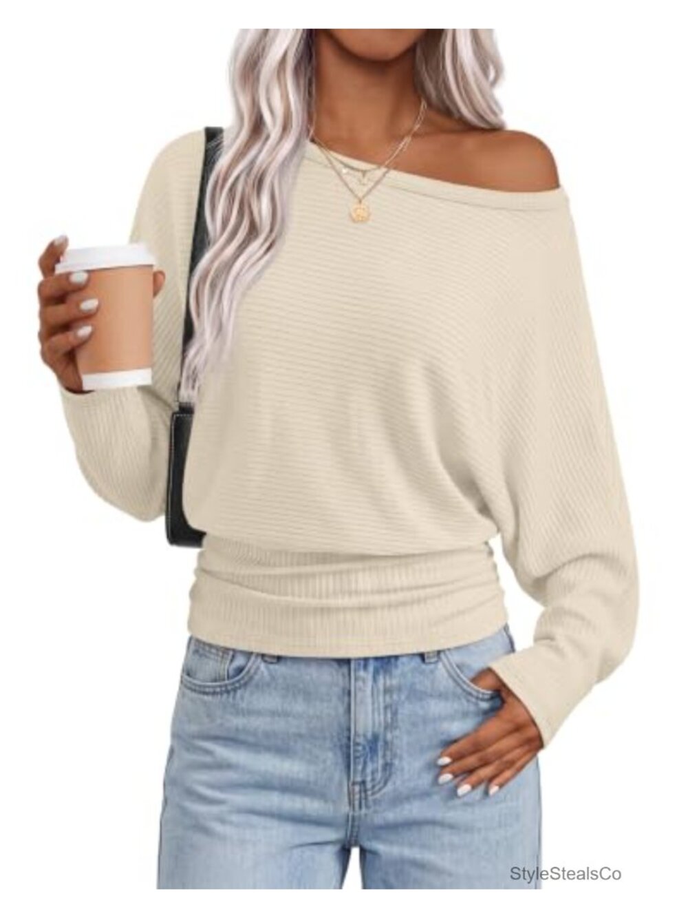 Off Shoulder Ribbed Knit Sweater Women Batwing Sleeve Pullover